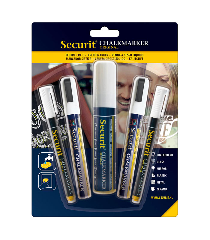 Securit marqueur à la craie, blanc, pointe différentes épaisseurs (5 pc.)