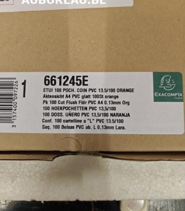 Etui carton de 100 pochettes coin PVC lisse haute résistance 13/100e - A4 - Orange réf. 661245E