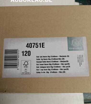 Bobine pour tickets de carte bancaire 57x40mm - 18m - 1 pli thermique 55g/m2. - Blanc
RÉF.   40751E en boîte de 120 pièces